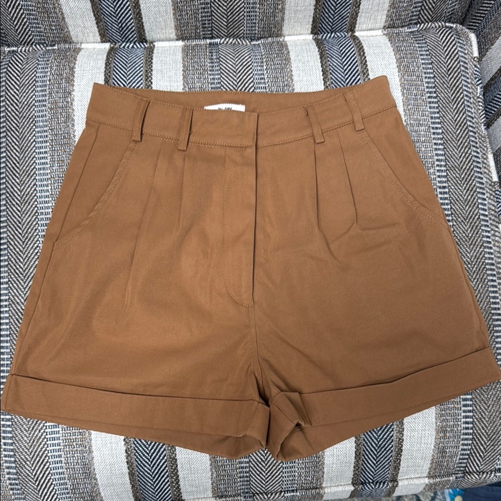 Camel Brown Tailored trouser Shorts with Cuffed Hem